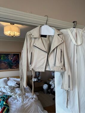 Fringed Cream Leather Moto Jacket
